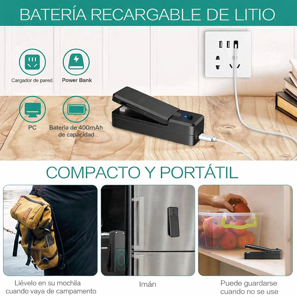 Mini selladora de bolsas 2 en 1, recargable, portátil